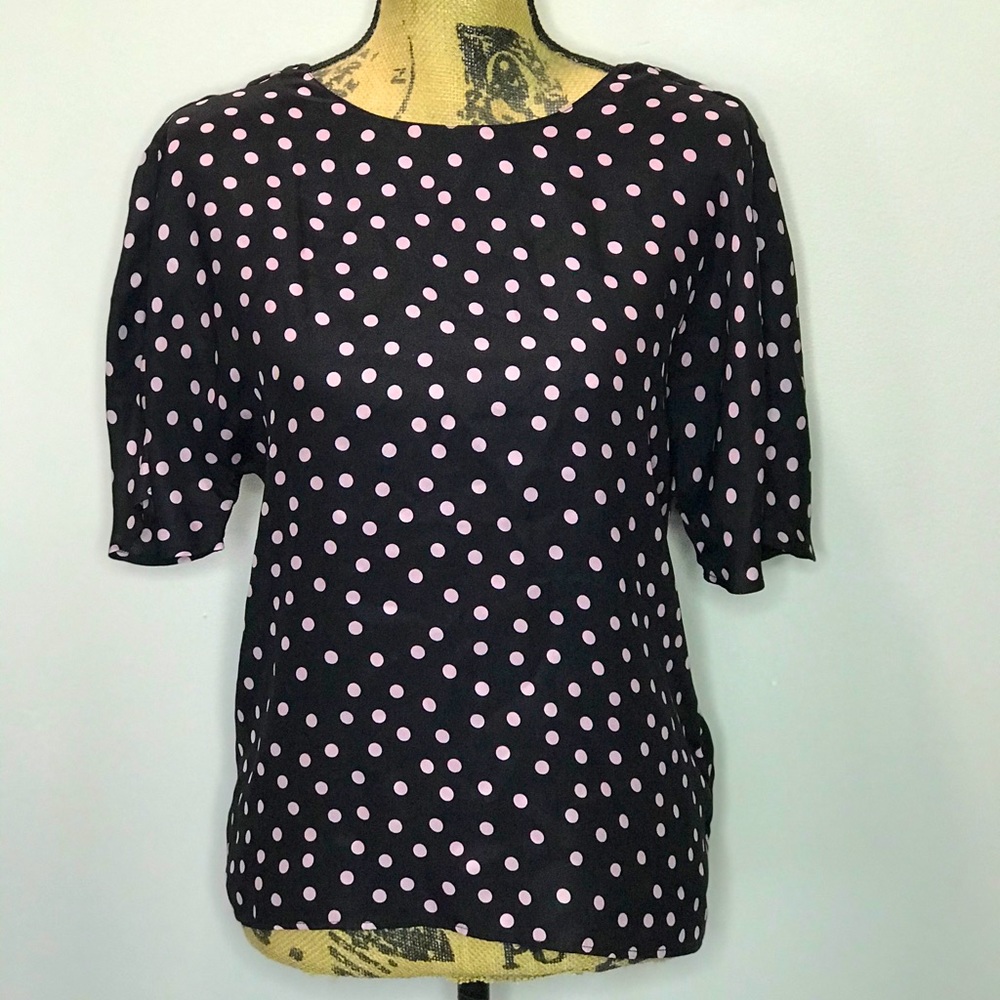 Pink and blue polka dot 100% silk “Zara top”